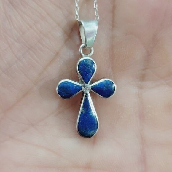 Sterling Silver Lapis Lazuli Cross Pendant Necklace 20" - Picture 1 of 6